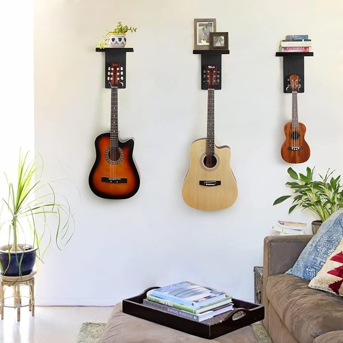 Keebofly Guitar Wall Mount 3-Pack - Rustic Wood Guitar Hanger with Pick Holder for Acoustic, Electric, Bass Guitars & Ukulele (Matte Black, Screw-Mounted) [Patented]