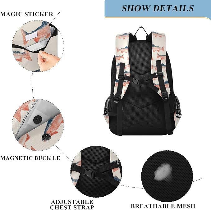 Fisyme Sea Vintge Salmon Fish School Backpack Laptop Backpacks Bags Bookbag Travel Casual Computer Notebooks Daypacks