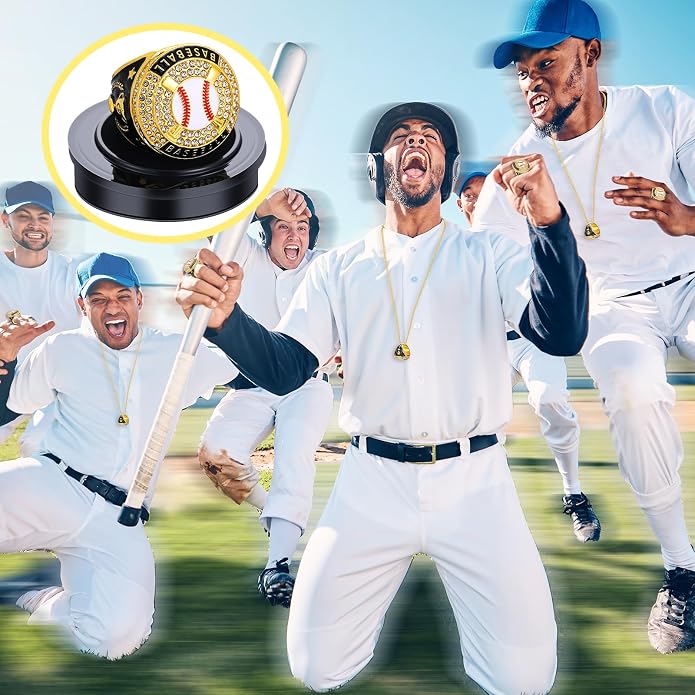 Highergo 20 Pcs Baseball Softball Basketball Football Champion Rings with Display Neck Chain and Stand Volleyball Soccer Cheer Trophy Rings Bulk for Tournament Award Gift