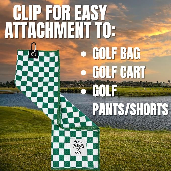 Against The Grain 2 Pack Microfiber Waffel Pattern Golf Towels with Clip – (12"x20") Green & White Checkered Design, Golf Accessories for Men, Green Golf Towel