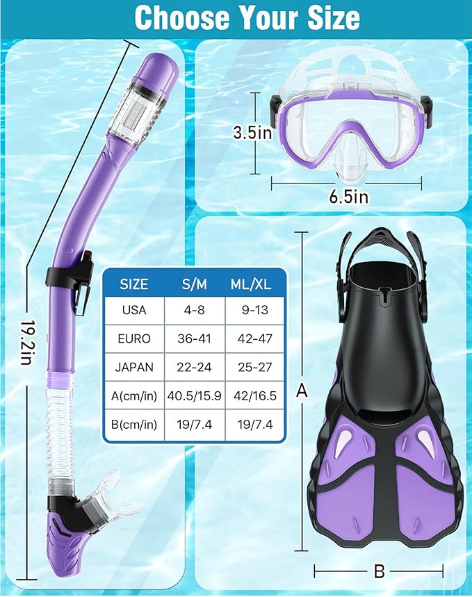 Snorkel Set with Fins for Adults, Snorkeling Gear for Adults Men and Women, Snorkle, Mask Set Adults Dry Top Snorkel Mask Combo Set with Travel Bag for Snorkeling, Diving, Swimming