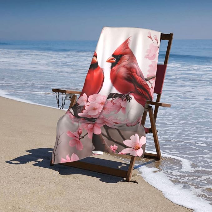 Cute Bird Beach Towel,32x52in,Quick-Dry Sand-Free Bath Towels,Microfiber Lightweight for Travel Pool Yoga Beach Outdoor Activities Decor Accessories Gifts (Red Cardinal Flower)
