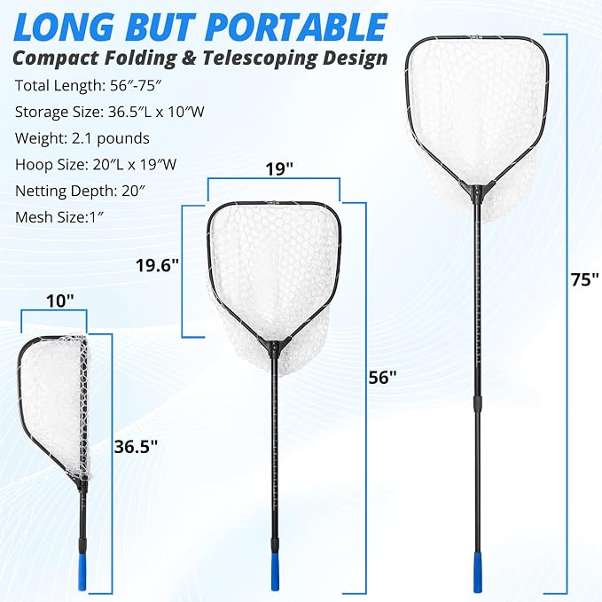 Long Collapsible Landing Net, Large Fishing Net with Telescoping Handle, Foldable, Extendable, Lightweight & Strong, Fish Net with Fish-Friendly Mesh for a Safe Release