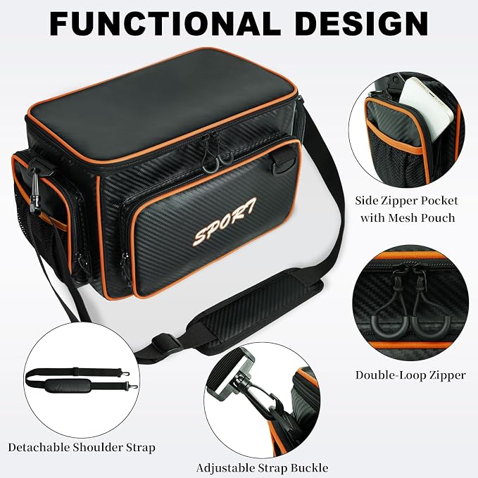 AUMTISC Fishing Tackle Bags, Tackle Box Organizer Gear Storage Bag, Freshwater or Saltwater Fishing Accessories Bags, Waterproof Fishing Bag with Detachable Shoulder Strap for 3700 Tackle Box, Orange