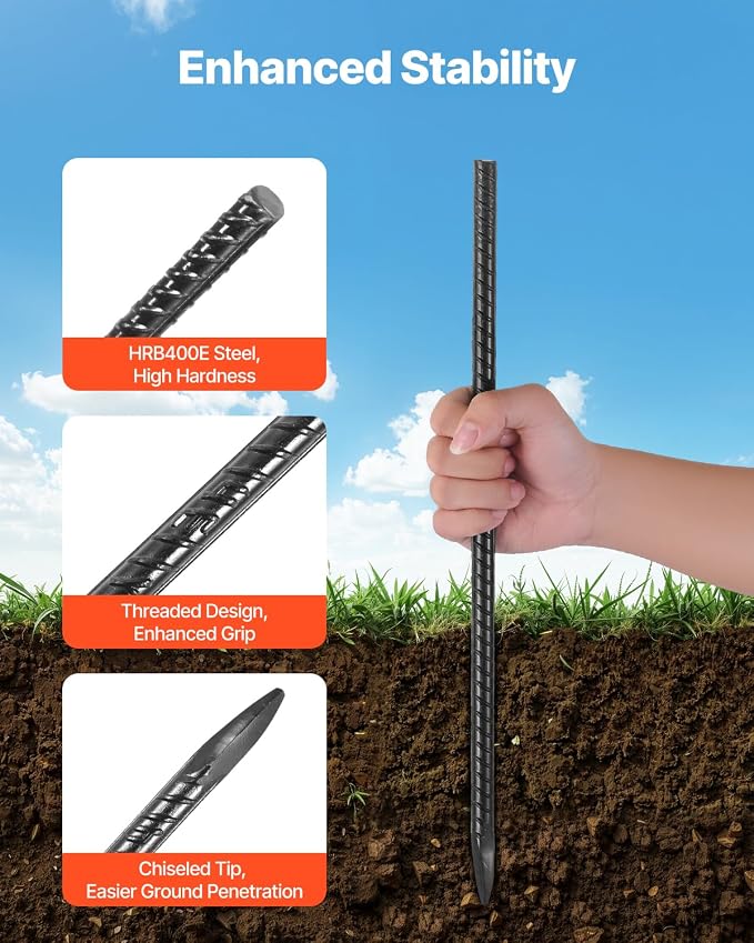 VEVOR Rebar Stakes, 16-Inch, Heavy-Duty 0.45 in Diameter, Straight Galvanized Steel Ground Anchors with Chisel Point End & Rust-Resistant Coating, for Gardening Support, Fence, Camping Tents (16-Pack)
