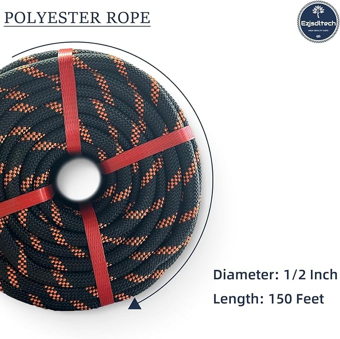 1/2 in x 150 ft Polyester Arborist Rigging Rope, Black Braided Tree Climbing Rope 48 Strands for Farm Work and Swinging