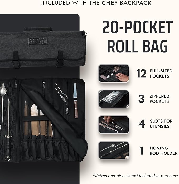 Asaya Chef Knife Backpack with 20-Pocket Knife Roll Bag - Over 30 Storage Pockets Chef Bag, Professional Backpack for Chefs and Culinary Students – Knives Not Included (Black)