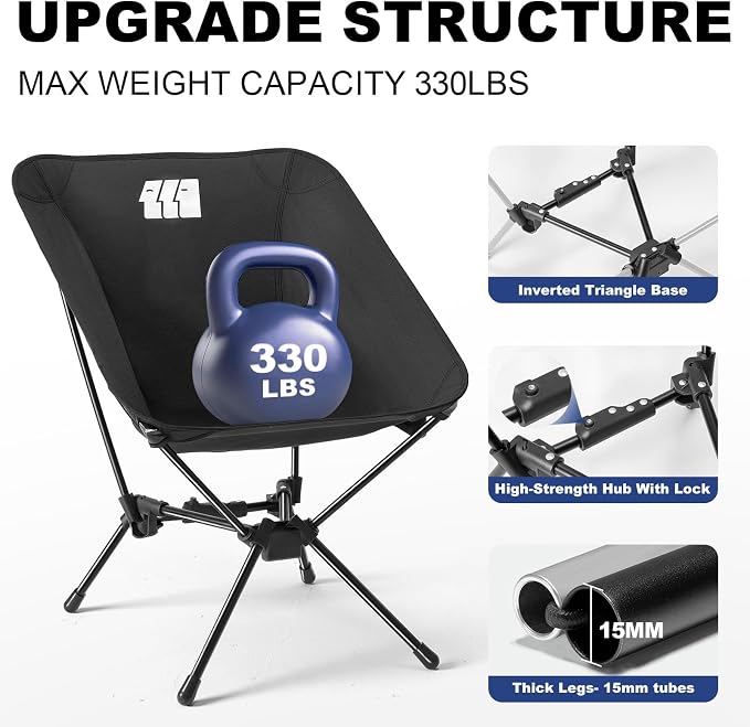 Portable Camping Chairs for Adults Heavy Duty, Compact Backpacking Chair Supports 330 Lbs Lightweight Folding Camp Chair with Side Pocket for Outdoor Travel Beach Hiking Picnic, Black