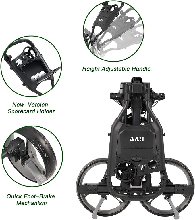KVV 3 Wheel Compact Flat Folding Design Golf Push-Pull Cart with Lightweight and Sturdy Aluminum Frame
