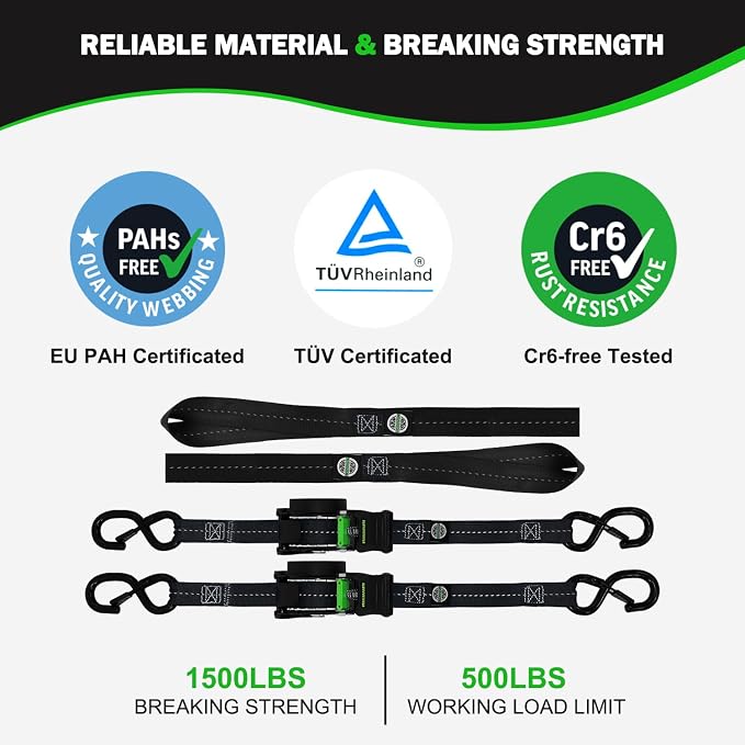 STARLEAPARTS Retractable Ratchet Straps(2PK) - 1,500lb Break Strength, Ratchet Straps Heavy Duty with Soft Loop Tie Downs, Perfect Auto Ratchet Strap for Motorcycle, Kayak and Trucks (Black)