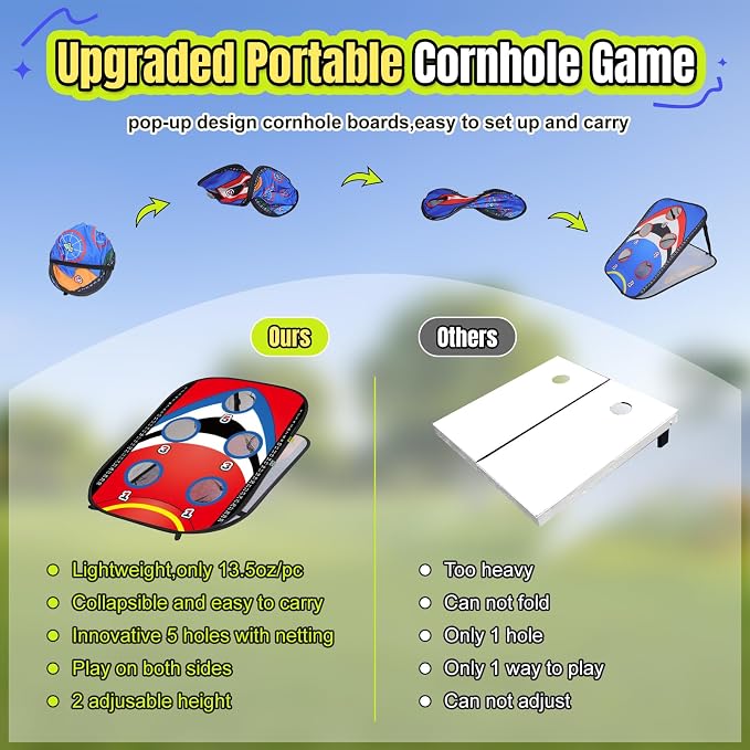 ROSE ME Cornhole Board Set, Portable Collapsible 5 Holes & Double Sided 3x2 ft Corn Hole Boards with 8 Bean Bags 12 Sticky Balls Free Carry Case, Adults Outdoor Toss Games for Yard, Beach, Lawn