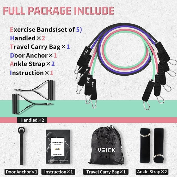 VEICK Resistance Bands Set, 10-150 LBS Stackable Exercise Bands with Handles, Ankle Straps & Door Anchor, Workout Bands for Home Gym, Yoga, Pilates, Physical Therapy for Men Women