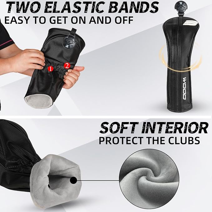 Golf Club Head Covers for Driver Fairway Woods Hybrid, Premium PU Leather Golf Head Covers with Carbon Fiber Pattern, Interchangeable Number Tags, Waterproof Golf Club Covers Set for Men Women