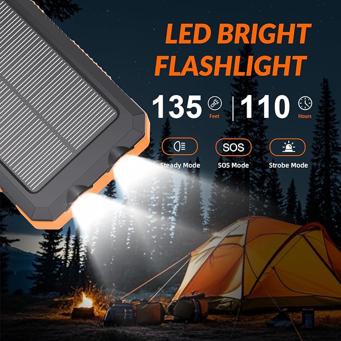 Power Bank 2 Pack, Portable Wireless Charger +Solar Battery Pack with 4 Built-in Cables & 4 Foldable Panels for Outdoor Camping