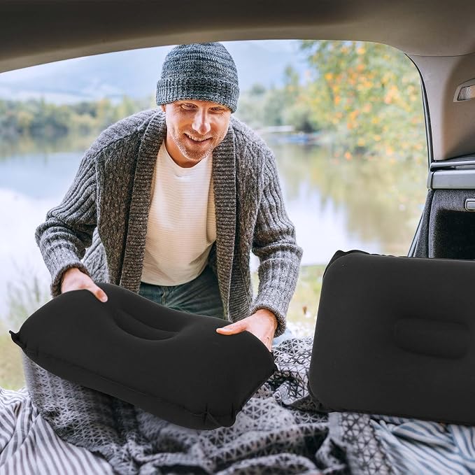 Geelin 20 Pack Inflatable Pillows for Camping Travel Beach Vacation Sand Squared Flocked Soft Fabric Backpacking Ultralight Pillows for Office Sleeping Neck Head Lumbar Support (Black)