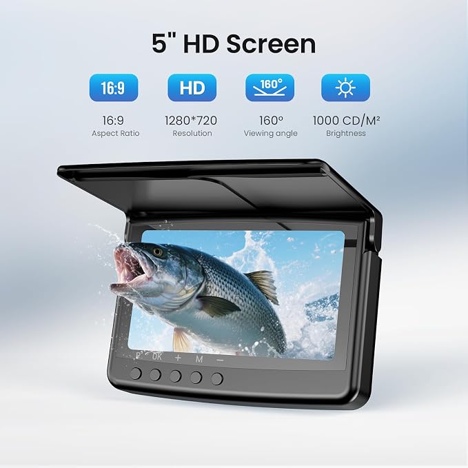 Eyoyo Underwater Fishing Camera 5-Inch: 720P DVR Recording 32GB, 8 IR Night Lights, 10000mAh Battery, 66 FT Cable Portable Fish Finder for Lake, Boat, Ice Fishing Gear