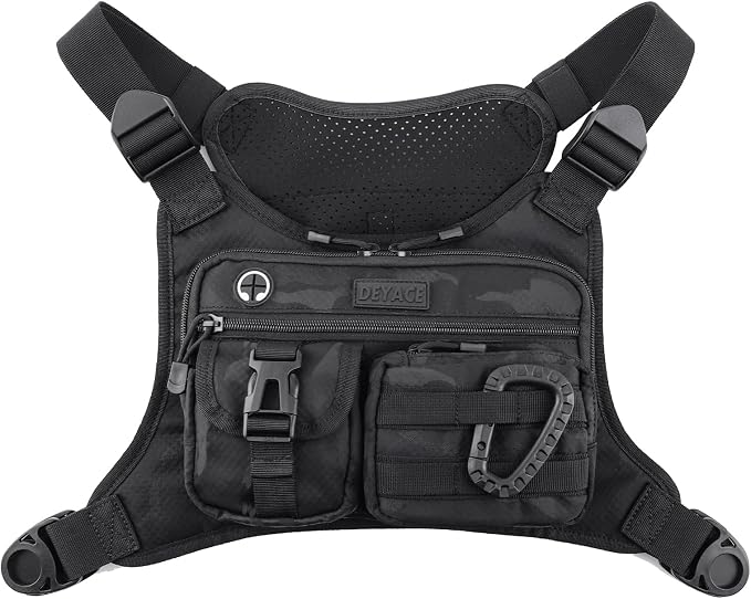 DEYACE Chest Bag For Men, Tactical Inspired Sports Utility Chest Pack, EDC Pouch Bag With Built-In Phone Holder for Workouts, Running, Cycling, Black