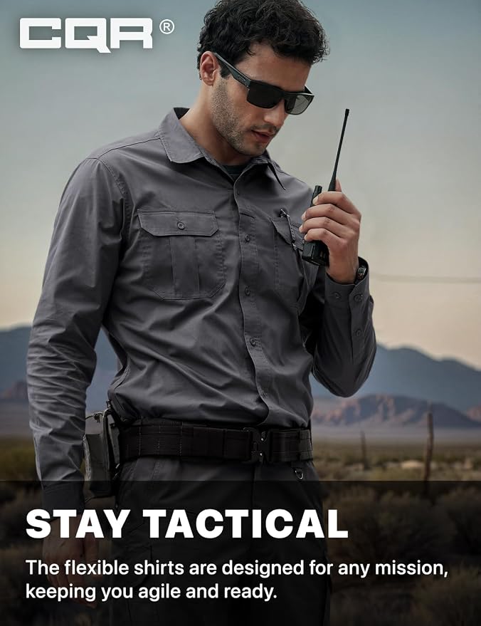 CQR Men's Long Sleeve Tactical Shirts, Ripstop Military Work Shirts, UPF 50+ Breathable Button Down Outdoor Hiking Shirt