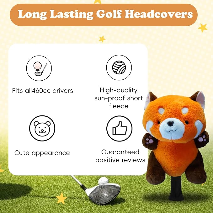 Cute Red Panda Golf Headcover, Animals Plush Golf Club Head Covers, Small Size Fits Hybird and Irons, Large Size Fits Standard 460cc Driver Head