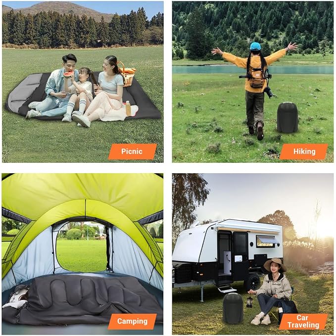 Double Sleeping Bag for Adults Camping,Bring Pillow, XL Queen Size Sleeping Bags for 2 Person Hiking Backpacking, Lightweight Waterproof with Compression Sack