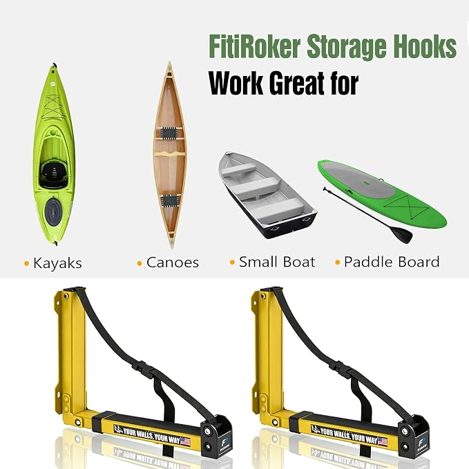 Kayak Storage Hooks Wall Mount Rack, Heavy Duty Garage Storage Hangers with Folding Arms, Adjustable Width, Non-Slip Padding and Secure Strap for Kayak Canoe Paddle Board Surfboard, Indoor Outdoor Use