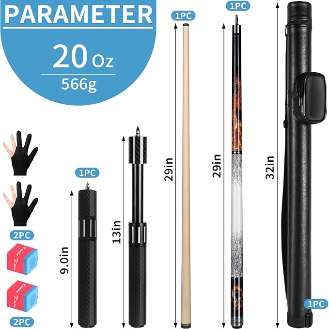 Kmise Professional Pool Cue Stick, 18 19 20oz Canadian Maple Cue Sticks, Low Deflection Shaft with Telescopic Extension Cue