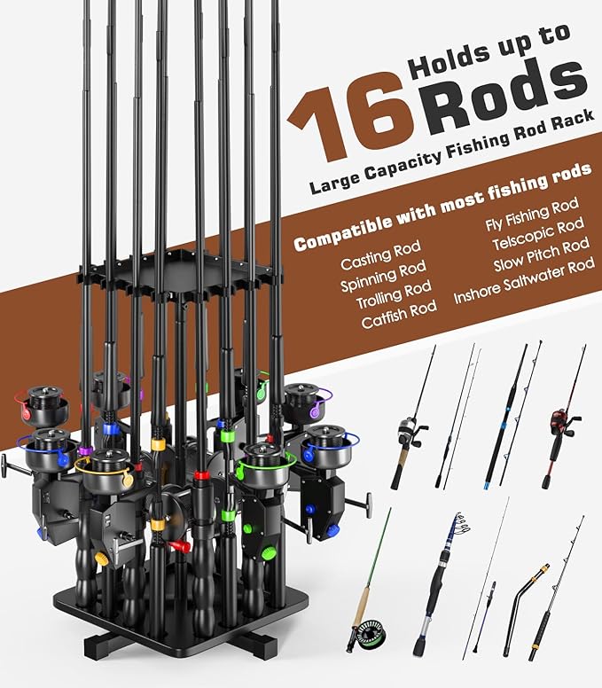 Roylvan Fishing Rod Holders for Garage, 360° Rotating Vertical Fishing Rod Rack, Metal Fishing Pole Stand Holds 16 Rods, Fishing Gear Equipment Storage Organizer for Ground, Fishing Gifts for Men