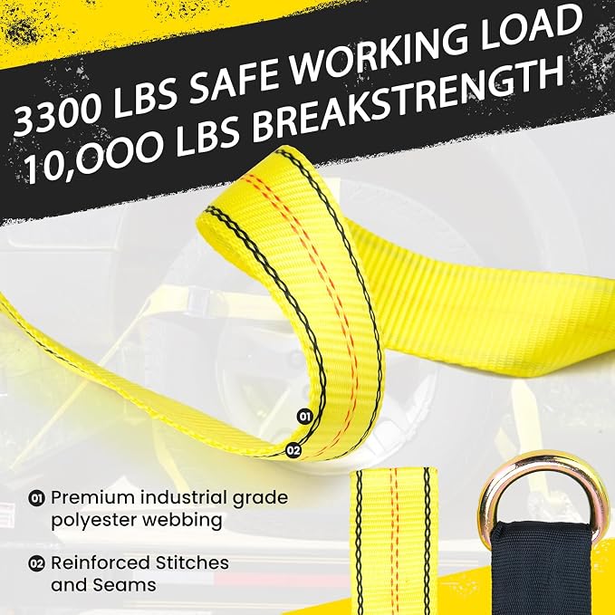Tire Straps for A Car Trailer, Wheel Tie Down Strap 2" x 10' with Snap Hooks, Car Hauler Wheel Strap for 3300 Pound Safe Working Load (2 Straps)
