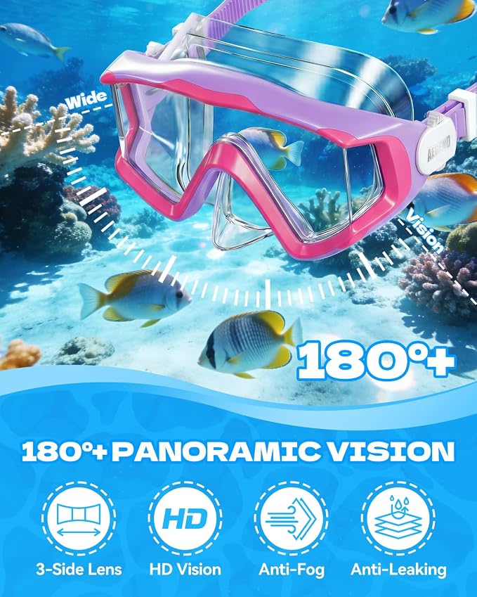Aegend Snorkeling Gear for Kids Youth – 4-in-1 Snorkel Set with Anti-Fog Mask, Dry Snorkel & Adjustable Fins for Swimming, Diving, Snorkeling, Beach Vacation – Includes Travel Mesh Bag