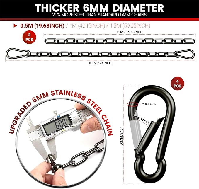 sprookber 1000LB Heavy Duty Hanging Swing Chain, 6mm Thick 304 Stainless Steel Hanging Chain with 4 Carabiners, 25" Hardware Kit for Hammock, Hanging Chair, Punching Bags, Tree, Indoor & Outdoor