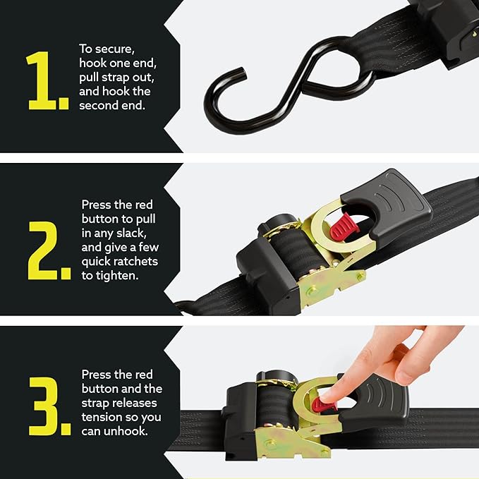DC Cargo Mall Auto Retractable Ratchet Straps (2-Pack) 2” x 6ft, Heavy Duty, 4,033lb Break Strength – Tie Down Straps for Cargo, Truck, Trailer, Boats
