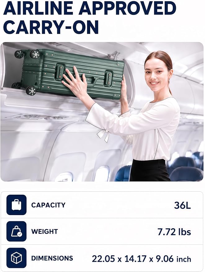 20 Inch Hard Shell Carry On Luggage, Zipperless Carry-on Suitcase with TSA Lock, Aluminum Frame & Spinner Wheels for Travel, 22x14x9 Airline Approved, Green