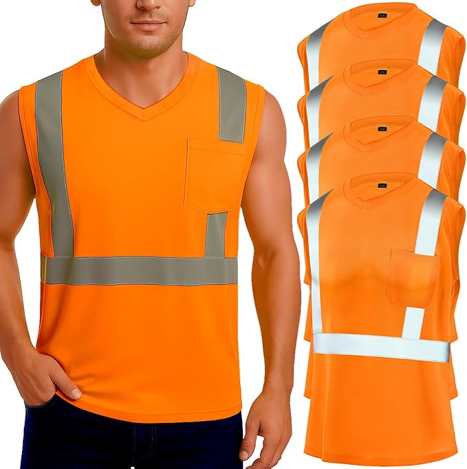 Amylove 4 Pcs Hi Vis Sleeveless Reflective Shirt for Men Class 2 Construction Work Shirts with Pockets for Men Women