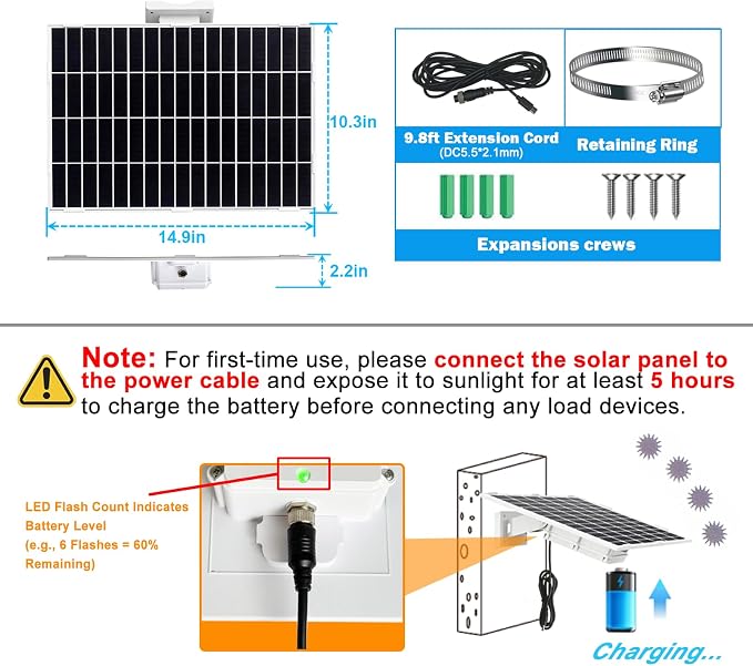 20Watt Solar Panel Kit with Built-in 31200mAh Battery Output: 12V/1A Features 9.8ft DC 5.5 * 2.1mm Ports Compatible with Security Cameras, Outdoor Lights & More
