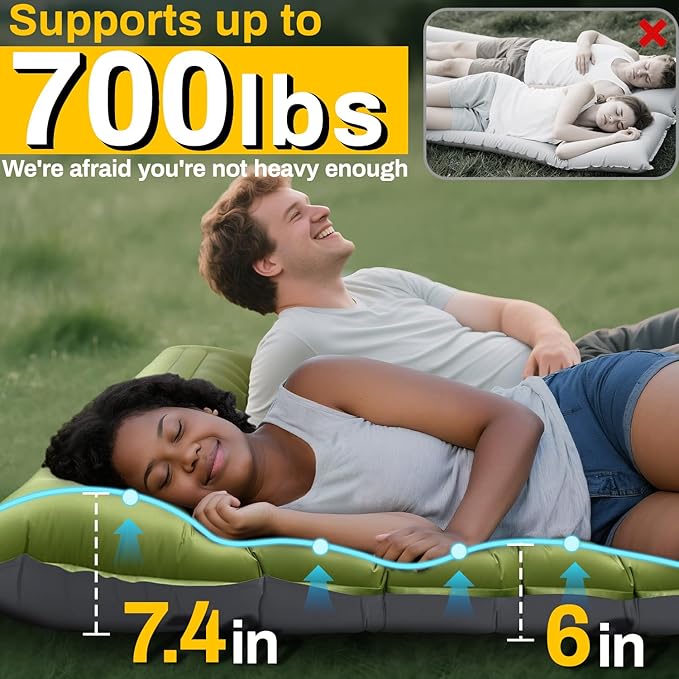Double Sleeping Pad, Extra Thick 6 Inch Sleeping Pad for Camping 2 Person with Built-in Pillow & Foot Pump Ultralight Compact Inflatable Camping Mat for Backpacking Hiking Travel Tent Camp Gear Gifts