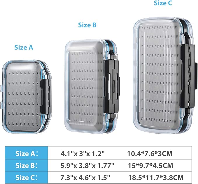 Gonex Fly Boxes for Fly Fishing Jig Boxes Two-Sided Waterproof Lightweight Fly Fishing Box Easy Grip Transparent Lid Fly Fishing Lures Box Sizes A+B+C, Grey