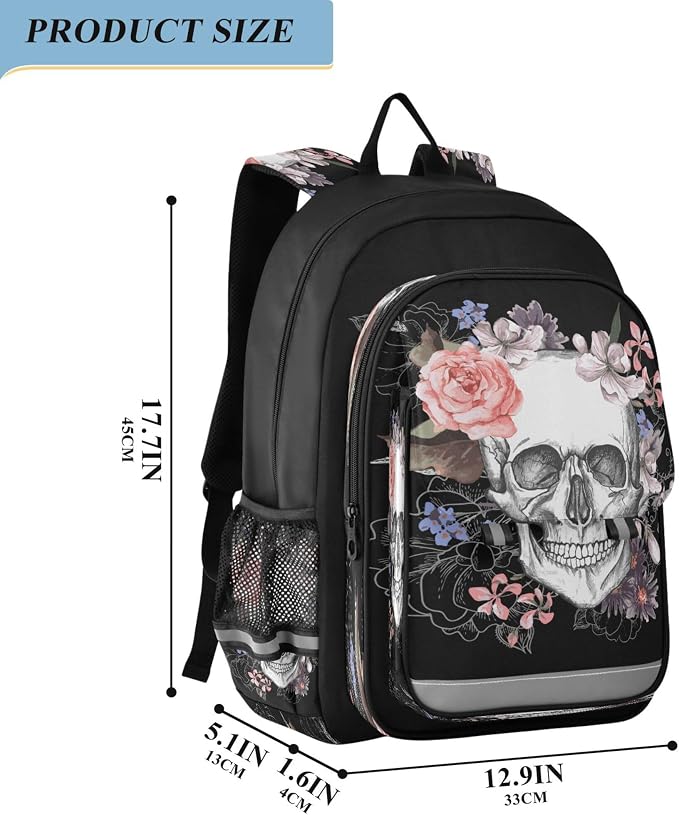 Fisyme Flower Skull School Backpack Laptop Backpack Bags Bookbag Travel Casual Computer Notebooks Daypack