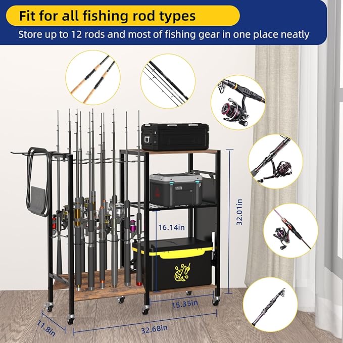 Fishing Rod Holders, Fishing Pole Holders, Fishing Gear Tackle Cart, Fishing Equipment Organizers for Garage, Fits Most Rods of 1.57" (40mm) Diameter, hold up to 12 Rods or Combos