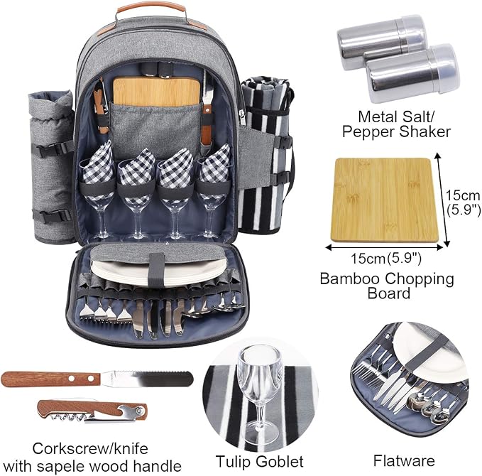 Sunflora Picnic Backpack for 4 Person Set Pack with Insulated Waterproof Pouch for Family Outdoor Camping (Gray)