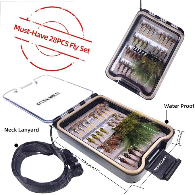 Wifreo Fly Fishing Flies Assortment with Waterproof Fly Box, 28/40/64/92/120pcs Dry/Wet/Nymph/Streamer Flies, Trout/Bass/Panfish/Salmon Fishing Flies
