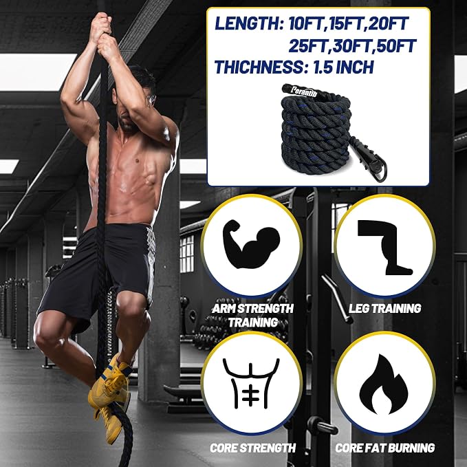 100% Polyester Climbing Rope with Hooks - Heavy Duty 1000LBS Load Capacity, 1.5inch Diameter, 10,15,20,25,30,50ft Length for Outdoor Rock Climbing, Rescue & Escape (25ft)