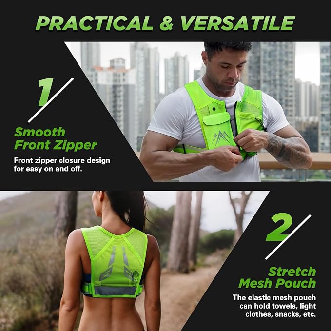 REVALI Running Vest, USA Original Patent, Zip Reflective Running Vests with 500ml Hydration Bottle, Adjustable Waistband & Breathable Material, Chest Pack Gear Phone Holder for Men & Women
