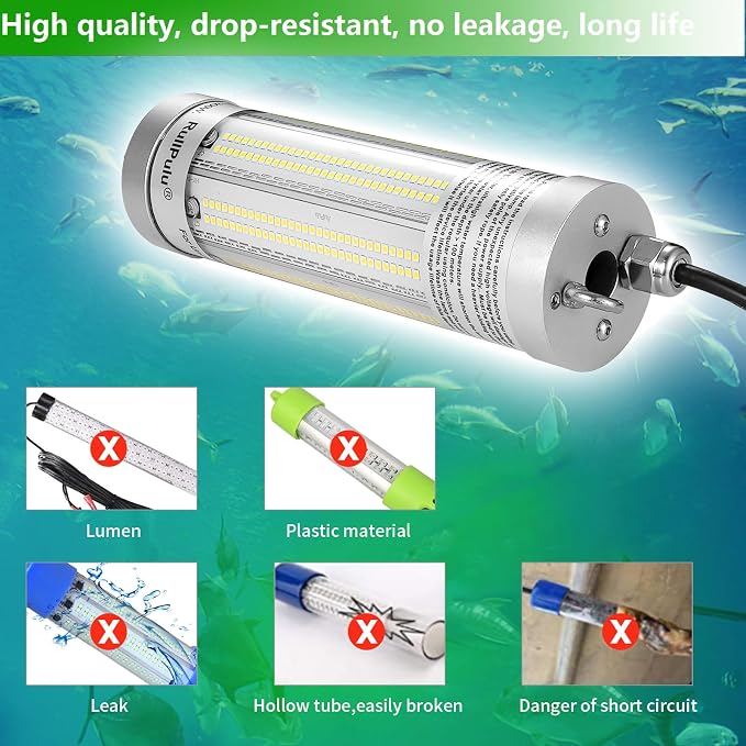 300W 36000lm Underwater Fishing Light, IP68 Waterproof Aluminum Super Bright Night Fish Attracting Submersible LED Lamp Lure Bait Finder for Freshwater Saltwater Sea Kayak Ice Dock (White)