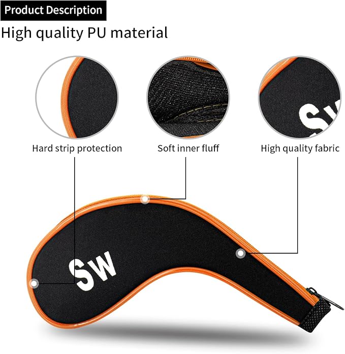 Golf Club 12pcs Thick Synthetic Zipper Long Neck Set Headcover Fit The Most Brands, Side Number Golf Iron Club Head Cover LW SW PW Covers #3,4,5,6,7,8,9