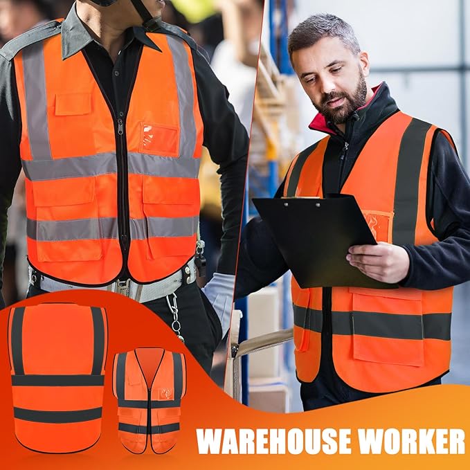 JaGely 15 Pack Reflective Safety Vests with Pockets and Zipper Construction Work High Visibility Vest for Men Women(Medium,Orange Red)