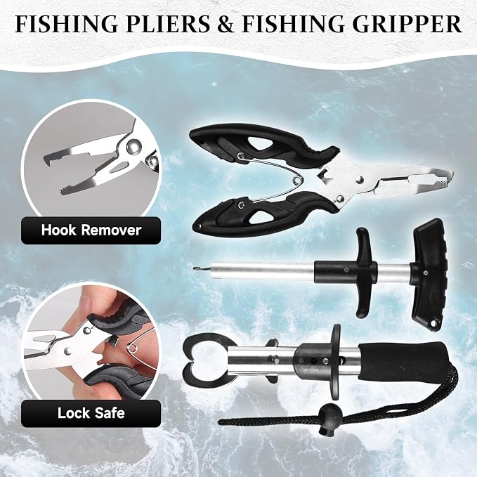 117Pcs Fishing Backpack with Tackle Boxes, Waterproof Fishing Tool Kit with Pliers, Fish Hook Remover, Lip Gripper Ideal Gift for Boys, Grandsons, Husband