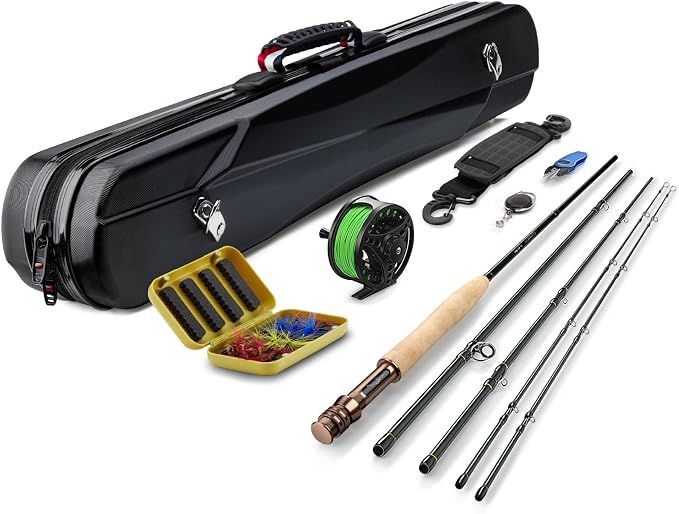 Gonex Fly Fishing Rod and Reel Combo Starter Kit, 4-Piece 24T Carbon Fiber | 8FT 5WT / 9FT 5WT, Spare Tip Section, Aluminum Reel, Fishing Line & Leader, 12 Fly Flies, Scissors, Portable Case Included