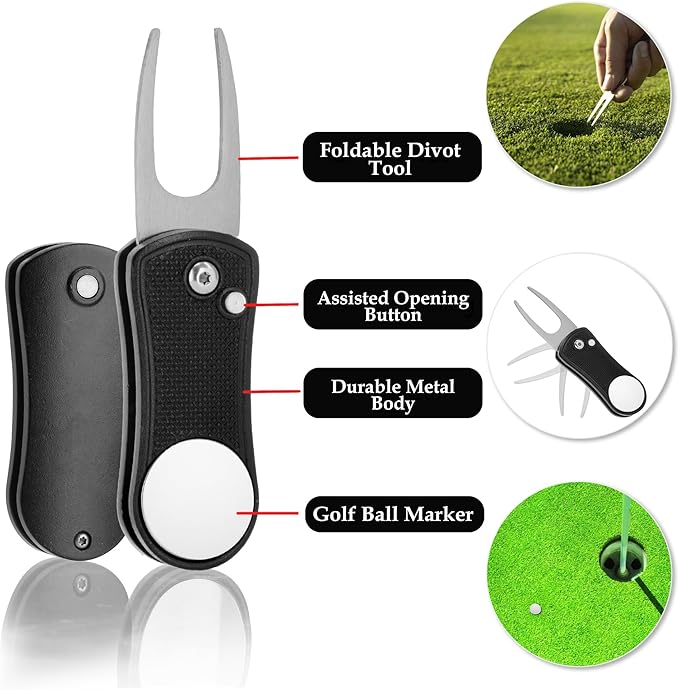 Golf Essentials Kit | Must-Have Accessories – Water Brush, Towel, Club Brush, Ball Marker, Divot Repair Tool, Ball & Tee Holder, Golf Gifts for Men & Women