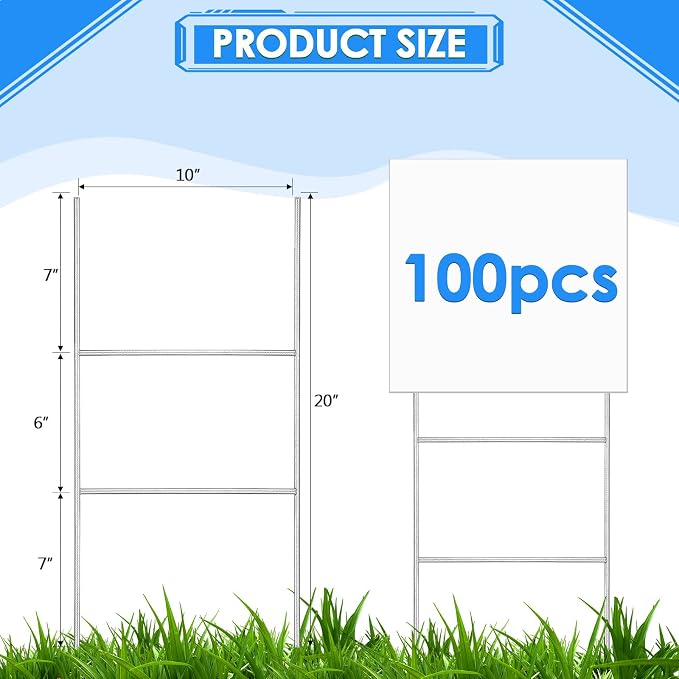 Therwen 100 Pcs Yard Sign Stakes 20'' x 10'' Metal H Heavy Duty Frame Wire Stakes Galvanized Lawn Sign for 4mm 5mm Corrugated Advertising Board Yard Garage Holder Halloween Decor