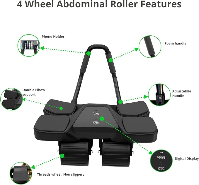 Ab Roller Home Gym Equipment – 4 Wheels Ab Wheel Muscle Roller with Built-in Tracker , 5Pcs Resistance Bands, Ankle Straps, Door Anchor, Handles, Travel Bag – Comfortable Elbow Support with Non-Slip Handles